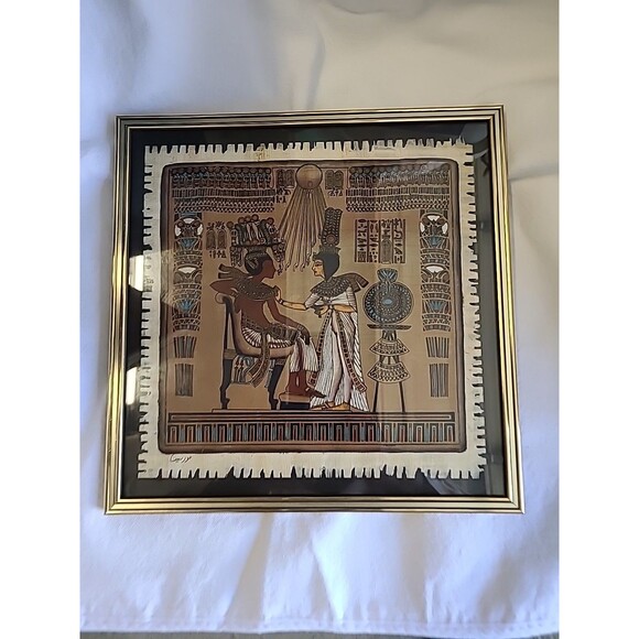 Authentic Painted Signed Egyptian Papyrus Framed Art 1994 Made In Egypt 10x10 - Picture 2 of 15